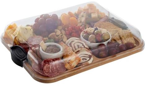 Farberware Build-A-Board Bamboo Cutting Board with Built-In Compartments & Clear Locking Lid, Black Handles – Charcuterie, Snack Tray, Food Prep and Serving Platter