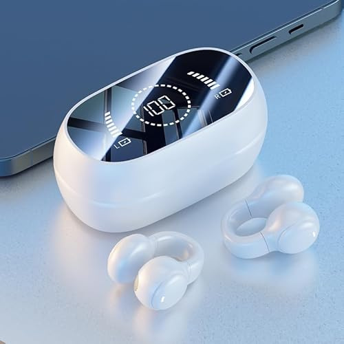 URIZONS Bluetooth Ohrclip Kopfhörer Wireless Kopfhorer – Sport kabellos Headphones TWS Clip on Earbuds Rauschunterdrückung mit Spiegel digitaler Leistungsanzeige Ladehülle – Weiß