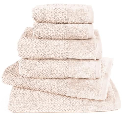 Pure Label 6-TLG. Handtücher Set mit Aufhängeschlaufen aus 100% Baumwolle, saugstark und weich - 2X Badetuch (70x140 cm) 2X Handtuch (50x100cm) 2X Gästetuch (30x50 cm), Creme