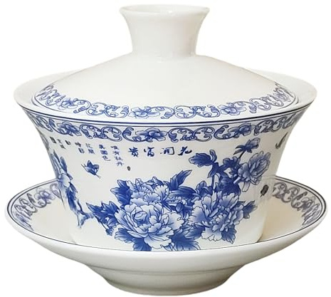 NIUKOMY Chinesische Porzellan Gaiwan Teetasse 200ML Blau Pfingstrose 01 | Traditionelle Kung Fu Sancai Keramik Teebecher Teeschale mit Untertasse und Deckel, für Losen Tee, Teeliebhaber Teekunst