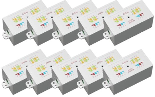 rhinocables RJ45 Cat 5e Gigabit Inline Joiner | Krone Punchdown Coupler for Solid-Core Ethernet Cables | Accurate Colour-Coded IDC Termination Box for LAN Extensions & Internal Use, White (10 Pack)