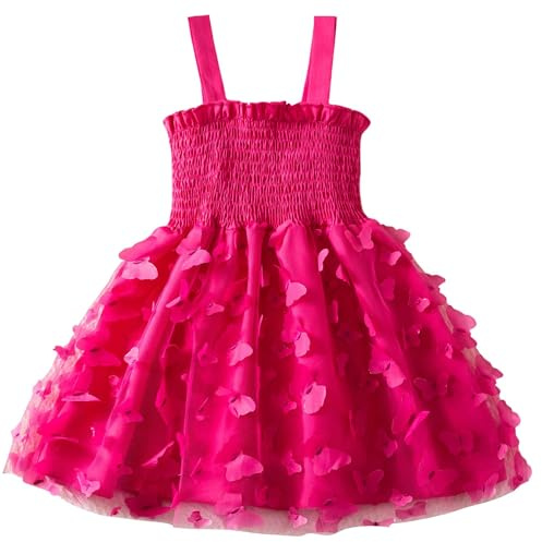 AIEOE Estate Bambina Elegante Vestito Battesimo con Fiore e Farfalla Principessa Abiti per Cerimonia Partito Adatto per 7-8 Anni Fucsia B