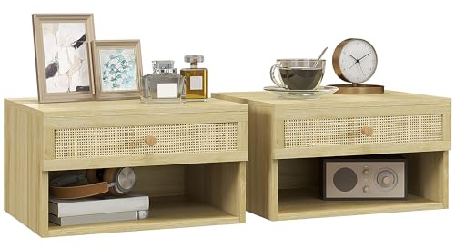 HOMCOM Floating Bedside Tables Rattan Drawer Set of 2 Nature Wood Finish
