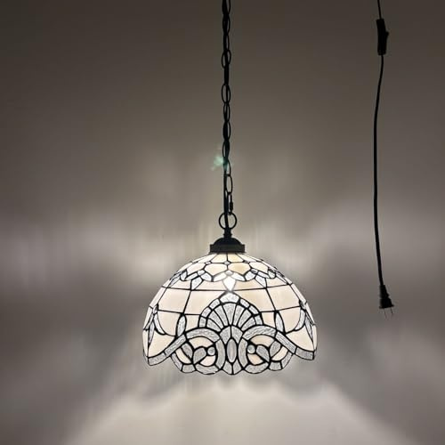 enjoy decor lamps Tiffany Pendant Lights Plug in White Stained Glass Baroque Style Hanging Lamp LED Bulb Included for Dining Room Island Kitchen Living Room 12”W*12”D*60”H