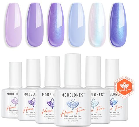 Modelones UV Nagellack, 6 Farben Violett Babyblau Pearl Weiß Glitzer Hema-free Gel Nagellack UV Lack Gellack Set Gelnägel für Soak Off Gel Nail Polish French Manicure Nail Art Nageldesign
