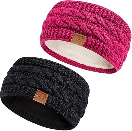 Hatromm Winter Headbands for Women Wool 2 Pack, Ear Warmers for Women Headband Knit Thick Fleece Lined, Cold Weather Warm Ear Muffs(Black+Rose)