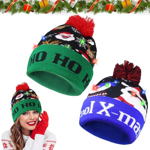 KOIROI Weihnachten Mütze mit LED Licht, Leuchten Hut Mütze Stricken, Weihnachtsmütze Kinder Bunt Weihnachtsmützen Plüsch, Weihnachten Beanie Mütze, Warme Neuheit Weihnachten Hut für Kinder Erwachsene