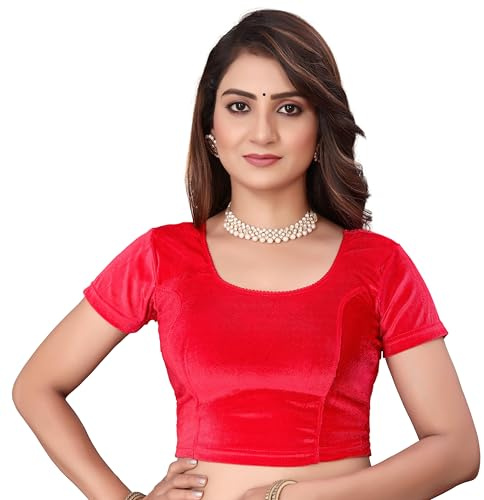 SEEANS Women's Readymade Saree Blouse | Velvet Stretchable Short Sleeve Choli | Full-Stitched Partywear Crop Top | Soft & Comfortable Traditional Festive Wear | Stretch Blouse for Women