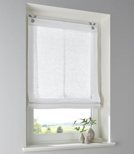 Raffrollo mit Ösen Brondy weiß halbtransparent Leinenoptik Raffgardine mit Hakenaufhängung ohne Bohren Breite 45 cm x Höhe 140 cm