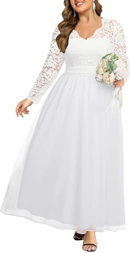 Talisea Formelle Brautkleider in Übergröße – Abendkleid, Abschlussball, elegant, V-Ausschnitt, Lange Ärmel, Spitze, Chiffon, langes Maxikleid, Weiss/opulenter Garten, 52 Mehr