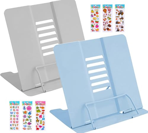Lostwry - Soporte de lectura (2 unidades, metal, 6 niveles, ajustable, para cocina, oficina, escuela, hogar, gris y azul)