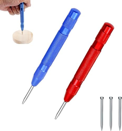 2 Stück Körner,Automatischer Körner,Robuster Federbelasteter Körner,Mit 3 Ersatzspitzen,Spannungsverstellbares Körnerwerkzeug，verstellbare Spannung Federkörner,Center Punch,Für Metall, Stahlblech,Holz