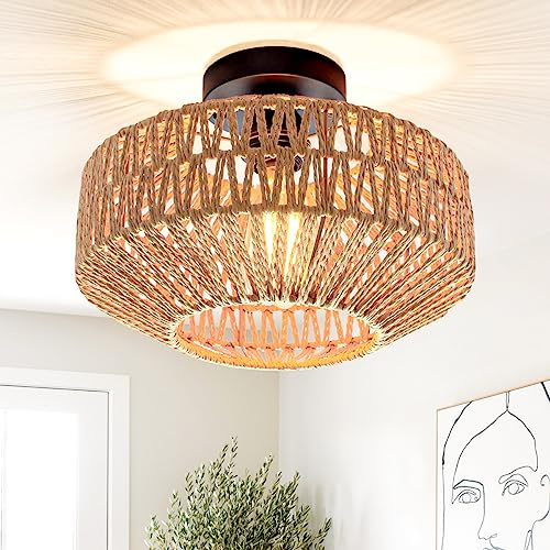 Mlihove Rattan Deckenlampe Handgefertigt Boho Deckenleuchte mit Gewebtem Lampenschirm Vintage Bambus Hängelampe Rustikal E27 Korb Lampe für Wohnzimmer Schlafzimmer Küche Balkon Flur Bar