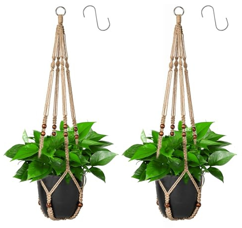 Apstaqeoo Macrame Plant Hangers Jute Rope Hanging Basket with Wood Beads Boho Decor Balcony Planter Garden Home Decor Ceiling Wall Plant Holder with 2 S Hooks for Indoor Outdoor No Tassels 90CM(2PCS)