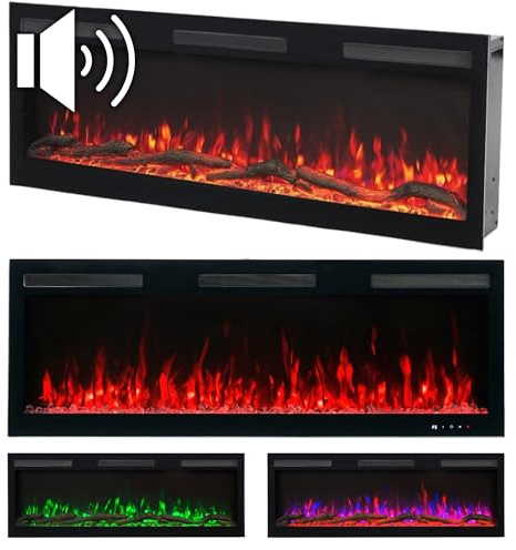AFLAMO Chimenea Eléctrica LED Majestic Pro 128, Montaje en Pared, Efecto de Llama Multicolor, con Sonido y Calefacción (128x45x13)