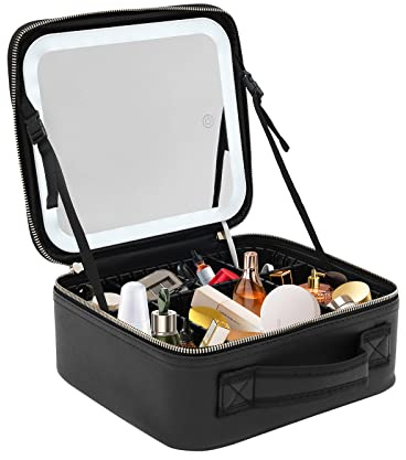 DOPBENT LED kosmetikväska, professionell makeup-väska med spegel och ljus, resa sminkväska med 3 färger LED-ljus, bärbar sminkväska med avdelningar, vit