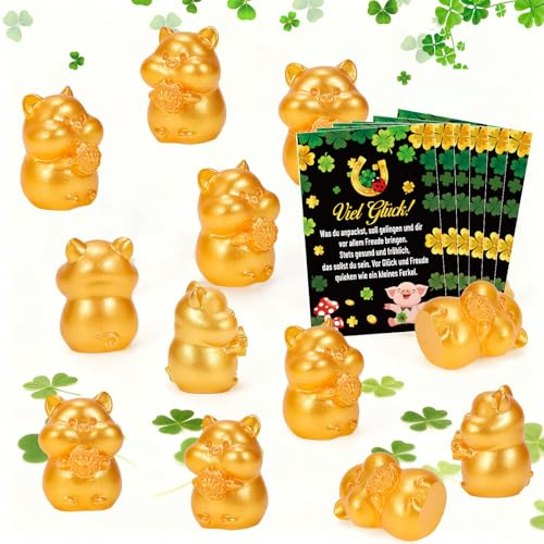 DPKOW 12 STK Goldenes Glücksschweinchen Figuren Mit 6 Karte, Glücksschwein Glücksbringer Silvester Geschenke Neujahrsglücksbringer, Tischdeko Silvester Deko 2027 Neujahrsgeschenke Glücksbringer 2027