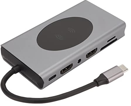 Plyisty 14 in 1 Laptop Docking Station, USB C Docking Station Support Type - C to HD MI*2, VGA, USB3.0 * 5, TF, RJ45, PD, AUDIO3.5, Wireless Charging 10W, 4K @ 30Hz Ultra HD (Gray)