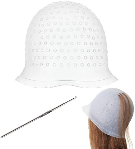 Punched Hole Silicone Highlight Hair Cap with Needle, Hair Highlighting Cap and Hook Kit, Reusable Coloring Hat with Hook for Professional Salon Silicone Hairdressing Tools
