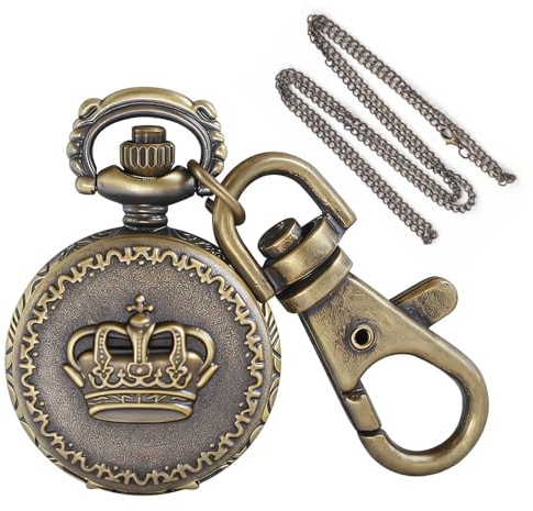 Tiong Vintage Crown Bronze Keychain Round Men's Quartz Pocket Watch, Arabic Numeral Scale Portable Watch with Chain