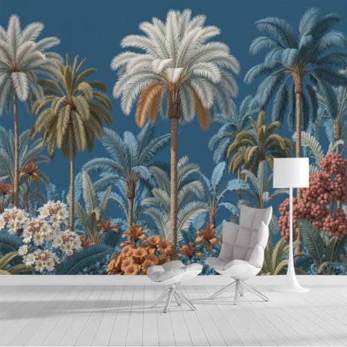 ZISTRCBAO Papier Peint Panoramique Palmier Floral, Style Tropical 3D Photo Mural Wallpaper Pour Salon Chambre TV Fond Bureaux 150x105cm, Bleu Foncé Poster Murales