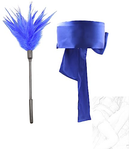 HTdangT Ensemble De Jouets Sexuels 2 Pièces, Chatouilleur Plumes Sexy Avec Ruban Bleu, Masque For Les Yeux Bandé, Plume Flirt Amoureuse Bâton Noires, Jouet Sexuel Érotique SM