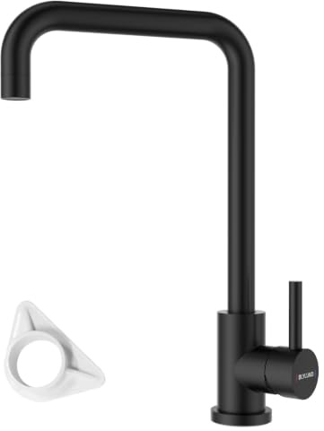 BLYLUND Black Kitchen Mixer Tap, Stainless Steel Kitchen Tap with Pull Out Spray 360°Swivel Single Handle Sink Taps 1 Hole with Rectangle L-Shaped Kitchen Faucet