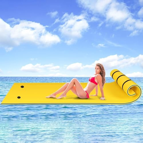 Esterilla de agua flotante, alfombra de agua flotante para lagos, 3 capas, espuma XPE resistente al desgarro, isla flotante enrollable, río, balsas para piscina, lago, océano, amarillo, 5,5 m x 1,5 m