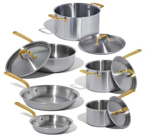 Made In Cookware - 10 Piece Stainless Steel Pot and Pan Set (Antique Brass Handle) - 5 Ply Clad - Includes Stainless Steel Frying Pans, Saucepans, Saucier and Stock Pot W/Lid - Crafted in Italy