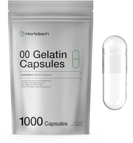 Empty Capsules Size 00 | 1000 Clear Gelatin Capsules | Resealable Bag | Non-GMO, Gluten Free | By Horbaach