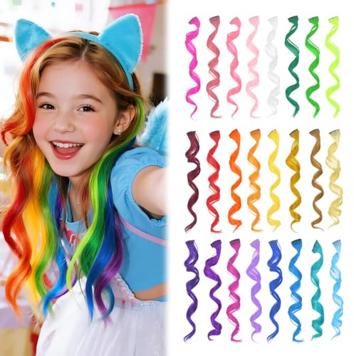 Dreamlover Bunte Haarsträhnen Kinder, Haarsträhnen zum Einklipsen, Haarschmuck Mädchen, 24 Stücke