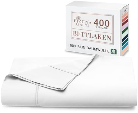 Pizuna Bettlaken 180x280 cm Baumwolle Weiß 400 Fadenzahl | 100% Langstapel Baumwolle Bettlaken ohne Gummizug, Satinbindung Flachlaken Mit stilvollem 5 cm Saum Mako Satin