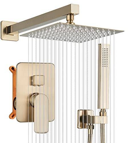 JUNSOTTOR Sistema de ducha empotrable, juego de grifo de ducha de oro cepillado de 12 pulgadas, juego de ducha de lluvia con alcachofa de mano, 2 funciones, latón para bañeras