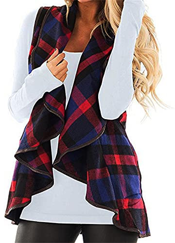 HHMY Chaleco de punto para mujer, sin mangas, a cuadros, cuello abierto, chaqueta de entretiempo, chaqueta asimétrica, abrigo corto, tallas S - XXL, rojo, XL