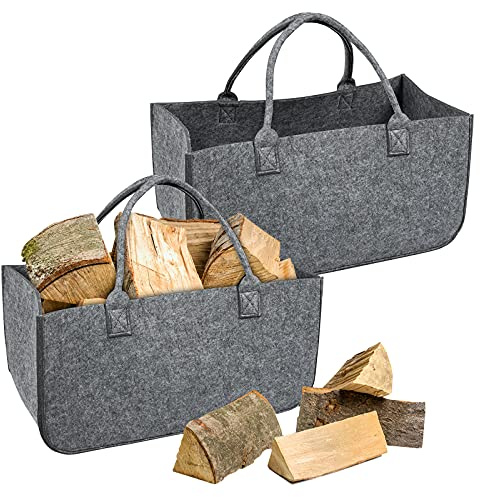 Froadp 2 Stück Filz Kaminholztasche Filztaschen Tragfähigkeit bis 30KG Tragbarer Feuerholzkorb aus Vliesstoff Faltbare Spielzeugtasche Kamintasche Widerstandsfähig Holzkörbe (Mittelgrau)