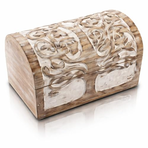 Tolles Geburtstagsgeschenkideen, handgefertigte dekorative hölzerne Schmuckschatulle mit Baum Baumschnitzereien Schmuck Organizer Aufbewahrungsbox Schatztruhe Schmuckhalter Aufbewahrungssperre (White)