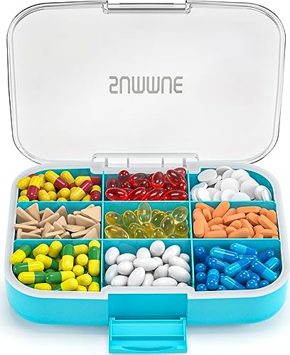 SUMMUE Large Pill Organizer, 9 Compartments Portable Travel Pill Box Case Moisture Proof, XL Pill Container Holder for Vitamins, Cod Liver Oil, Supplements, Medication (Blue)