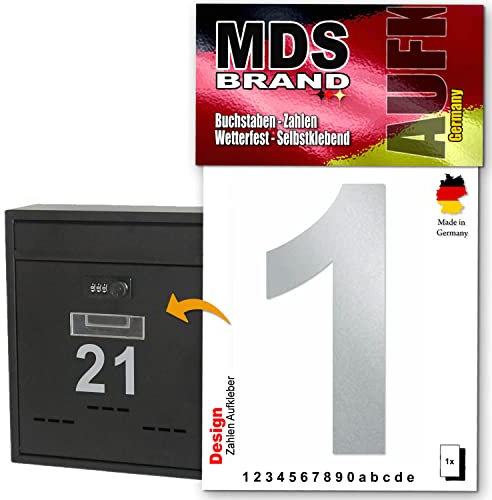 MDS Brand Design 10cm Zahlen Aufkleber, Selbstklebende Klebezahlen für Briefkasten, Mülltonne, Hausnummer Aufkleber für Außen & Innen Silber (1)