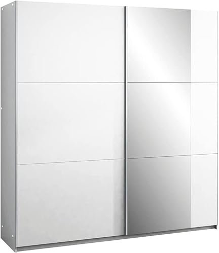 ML Furniture Ltd Schiebeschrank Bastia 200 cm mit Spiegel, Kleiderschrank Schlafzimmer, Wohnzimmer - 200 x 215 x 65 Farbe: Weiß, Schwebetürenschrank mit 2 Kleiderstange und Ablagen; Mehrzweckschrank