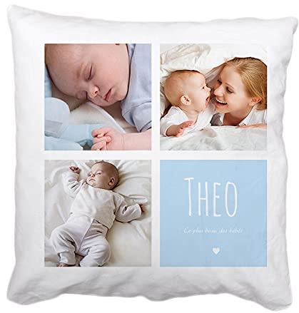 CADEAUX.COM - Coussin personnalisé Photo - Housse Blanche - Message en 3 Photos - Coussin Original 40 x 40cm - Cadeau Original pour fêter Une Naissance et Autre Ocassion Spéciale
