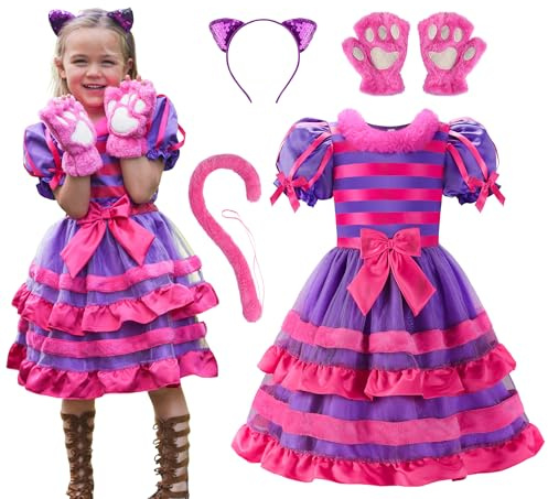 ReliBeauty Costume Gatto Lilla Bambina Ragazza 4-12 Anni Vestito Carnevale Gatto con Accessori Halloween
