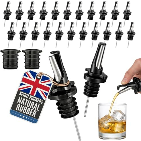 24 Liquor Bottle Pourers - Hygienic ClickSeal Alcohol Speed Pour Spouts - Stops Barfly, Dishwasher Safe. Also for Olive Oil, Juice, Syrup. Black 24Pk with 2 Adapters for Large Bottles