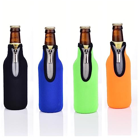 AF-WAN Funda para botellas de cerveza estándar de 330 ml, con cremallera, funda de neopreno engrosada antideslizante (4 unidades), color negro, azul, verde, naranja