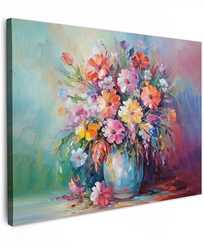 MuchoWow© Leinwand Deko Schlafzimmer Aesthetic Leinwandbilder Wohnzimmer | 70x50 cm - Gemälde Foto Geschenk Living Room Decoration Kunstdruck - Bunt - Blumen - Kunst - Malerei - Blumenstrauß