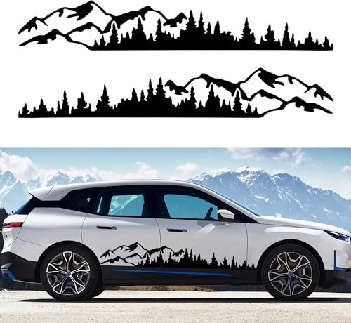TOMALL 1 Paar 77,4 '' Bergbaum Wald Vinyl Aufkleber für Karosserie Tür Seite Auto Berge Grafik Dekoration für SUV Geländewagen Universal Zubehör (B-Schwarz-Large)