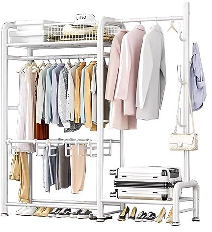 Metall Kleiderständer, Garderobenständer Mit 2 Kleiderstange, Freistehender Kleiderbügel Schlafzimmer Mit Unterem Lagerregal Für Kleidung Schuhe Taschen (115/135/155cm)