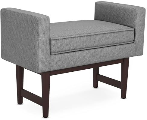 SIMPLIHOME Scott 29 Wide Linen Fabric Rectangle Ottoman in Pewter Grey