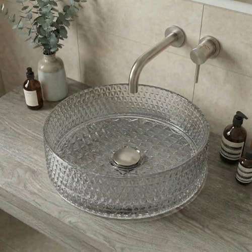 BAYSTONE® Countertop Basin for Bathroom and Cloakroom Hand Wash Basins Sink Crystal Glass Round, 353 x 353mm