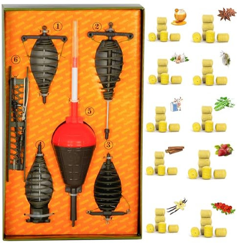 4BIG_fun Posenmontage Set Futterkorb mit Presskuchen Angelfutter Lockfutter Vorfachhaken Angler Oberflächenmontage Karpfen Angeln Fertig Montage Angelkoffer Angelzubehör Angelhaken Posen