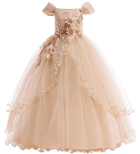 Weileenice Gold Flower Girl Dresses 9 10 Off Shoulder Embroidery Girls Wedding Pageant Holiday Lace Bridesmaid Tulle Dress Vintage Kids Daddy Daughter Dance Formal Birthday Party Gown